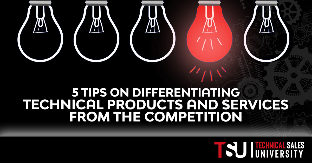 5 Light Bulbs in a row with one red one representing how to differentiating your products and services from the competition